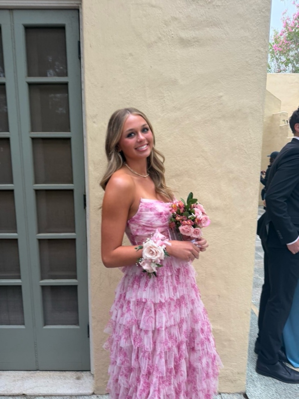 Strapless Pink Ruffled Prom Dress